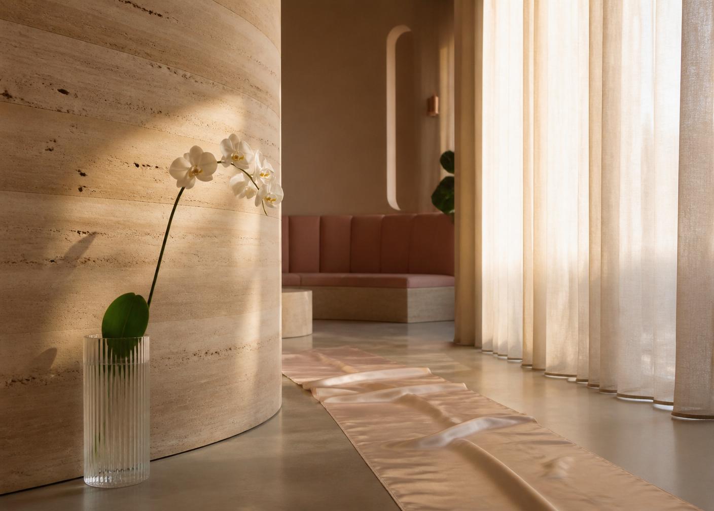 The It Girl Sculpt studio interior with travertine wall and sheer linen curtains
